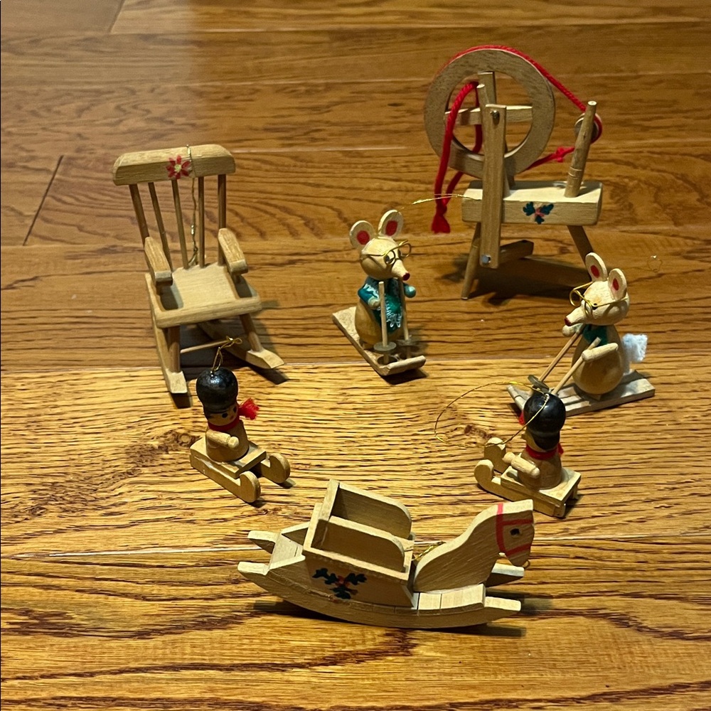 Vintage retro Yule tots Wooden Mouse Toy Set Rocking Chair and Spinning Wheel